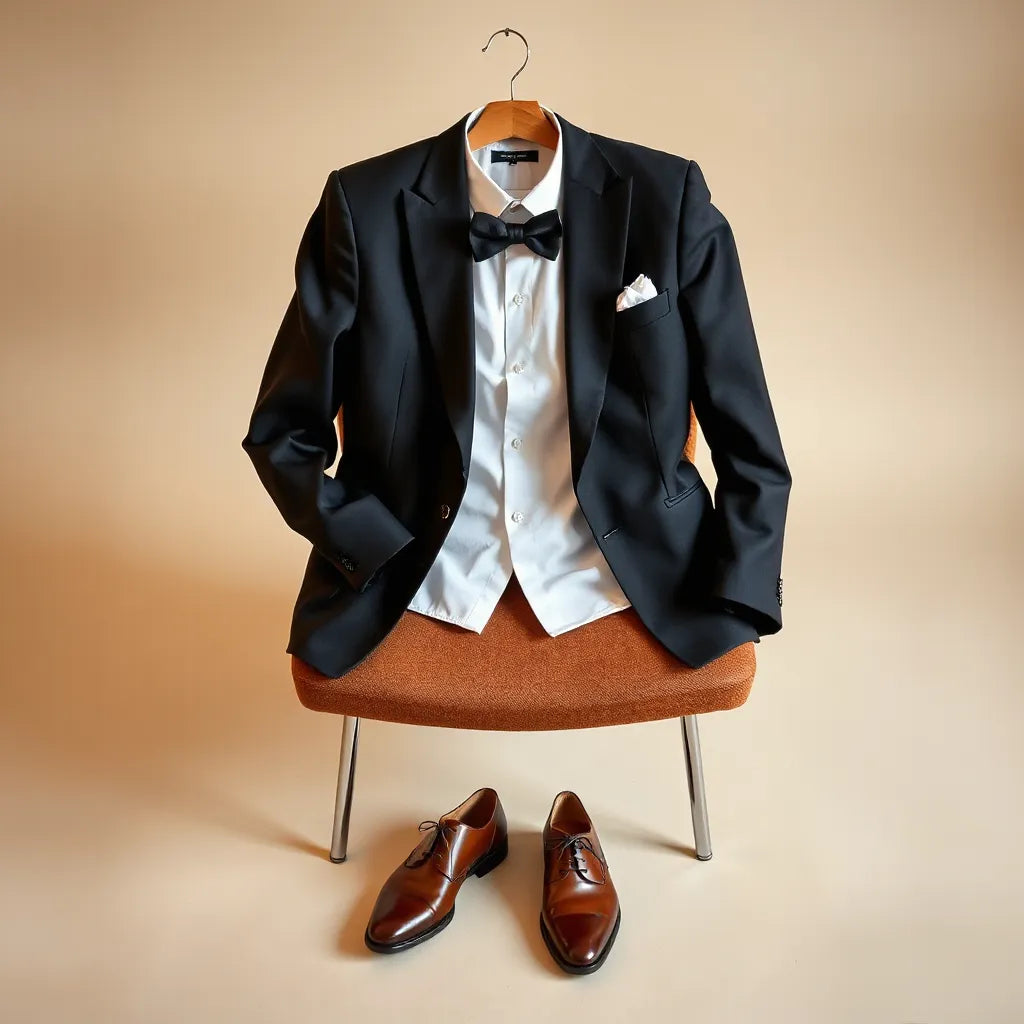Vintage tuxedo jacket with bow tie, white shirt, pocket square, and polished dress shoes on a clean background