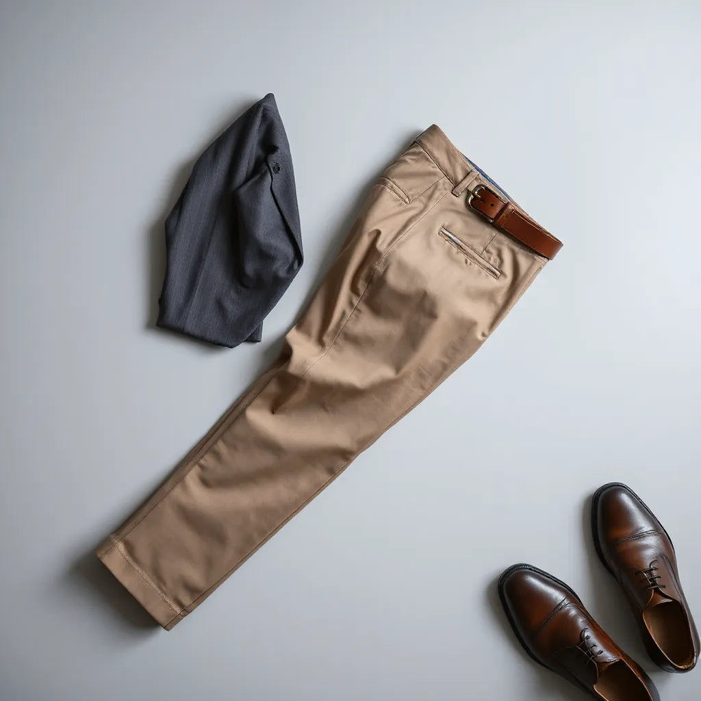 Tailored luxury suit pants with detailed stitching and premium accessories on a minimal backdrop