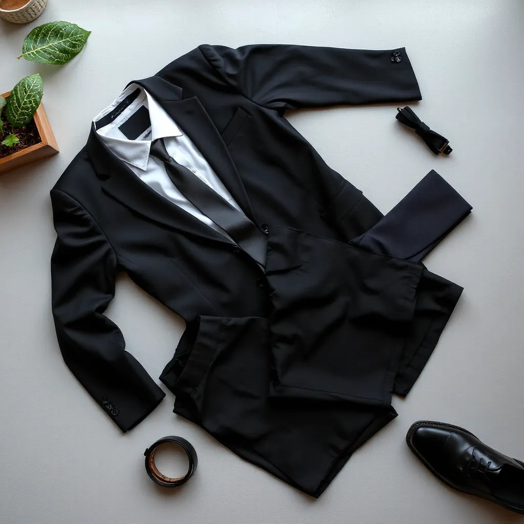 Tailored black dress suit with white shirt, black tie, and polished shoes on a clean surface