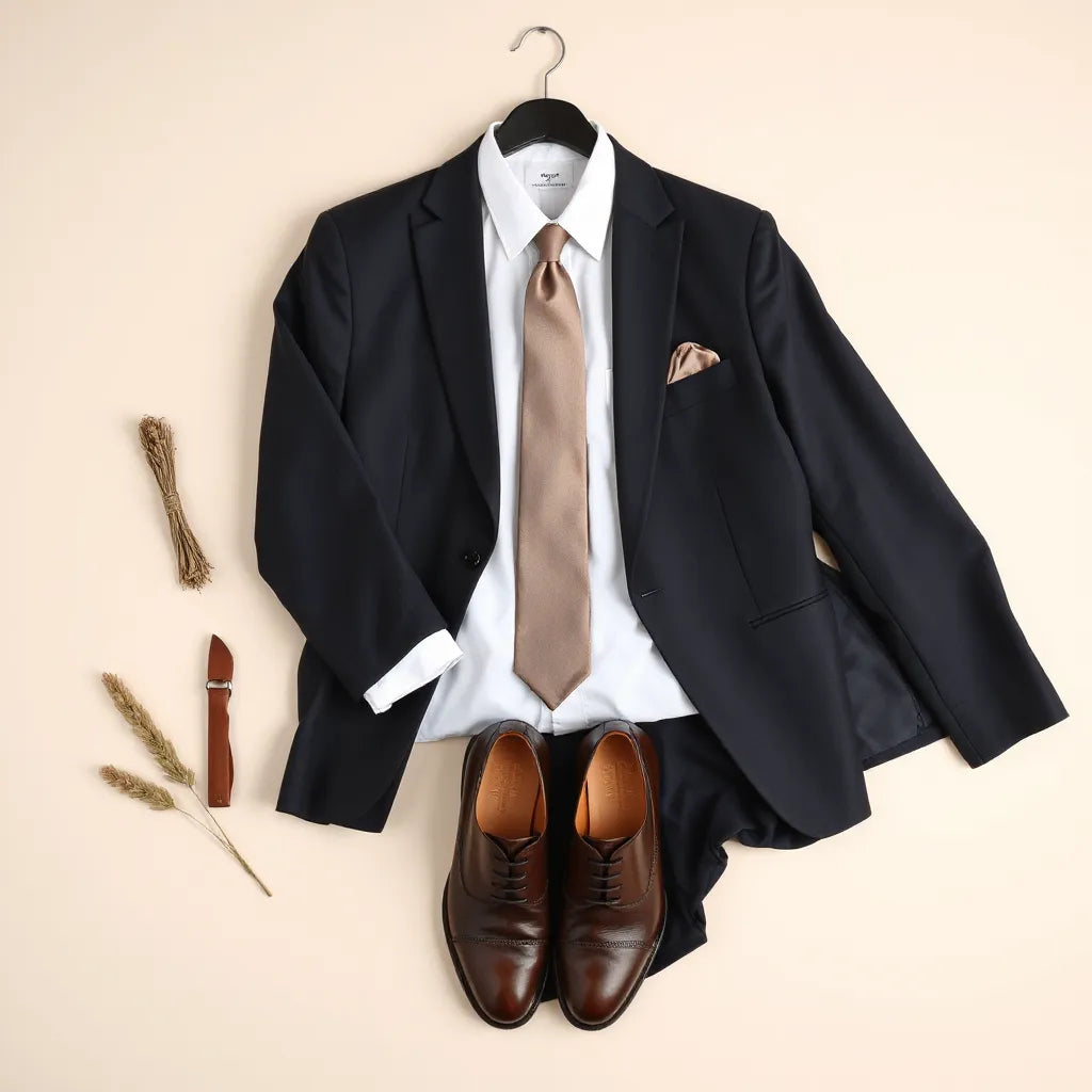 Dark formal suit with dress shirt, tie, pocket square, and polished shoes arranged neatly
