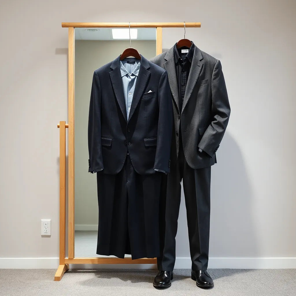 Two neatly pressed Italian wool suits in navy and charcoal hanging beside a mirror in soft natural light