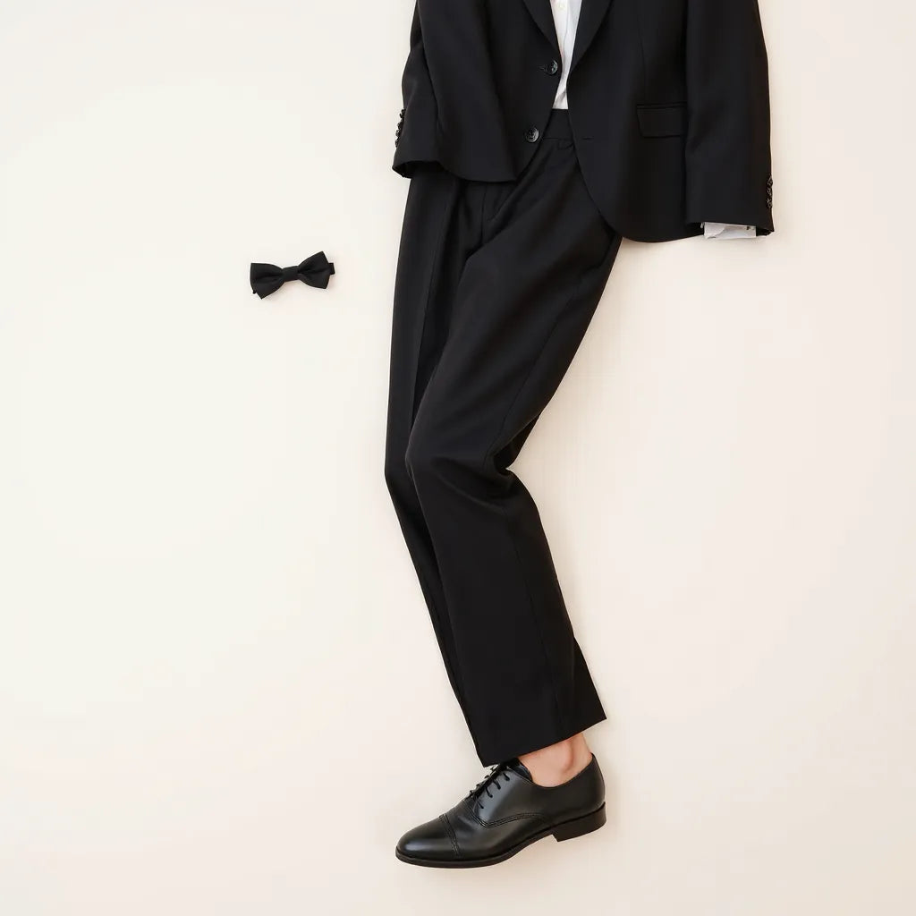 Tailored black wool tuxedo pants styled with a satin jacket, bow tie, and dress shirt on a neutral background