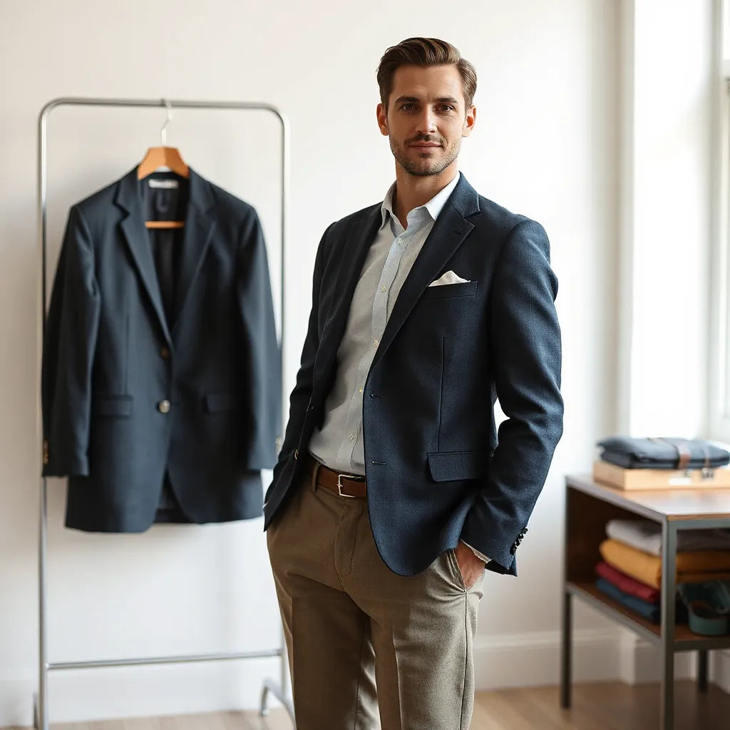 A well-dressed man in a tailored blazer and crisp shirt in a minimalist room with neatly arranged clothing.
