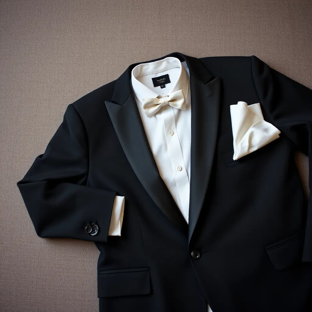 Black tuxedo jacket with satin bow tie and white dress shirt on a clean studio background