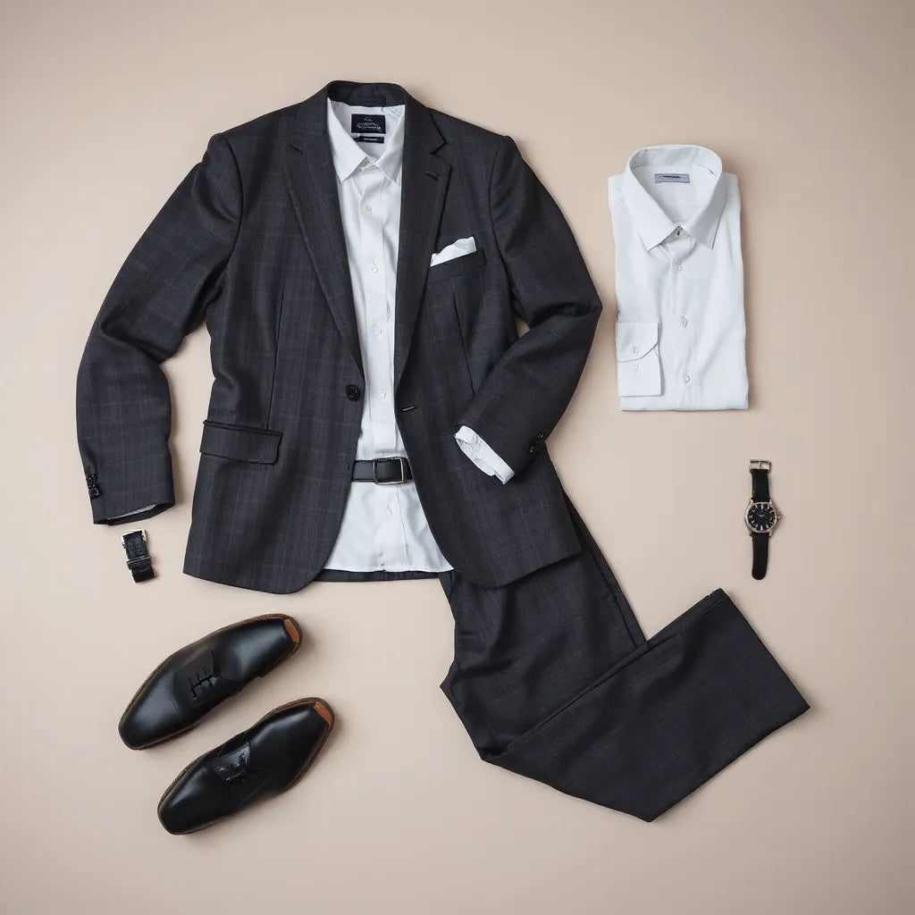 Charcoal suit with dress shirt, leather belt, pocket square, and formal shoes arranged neatly