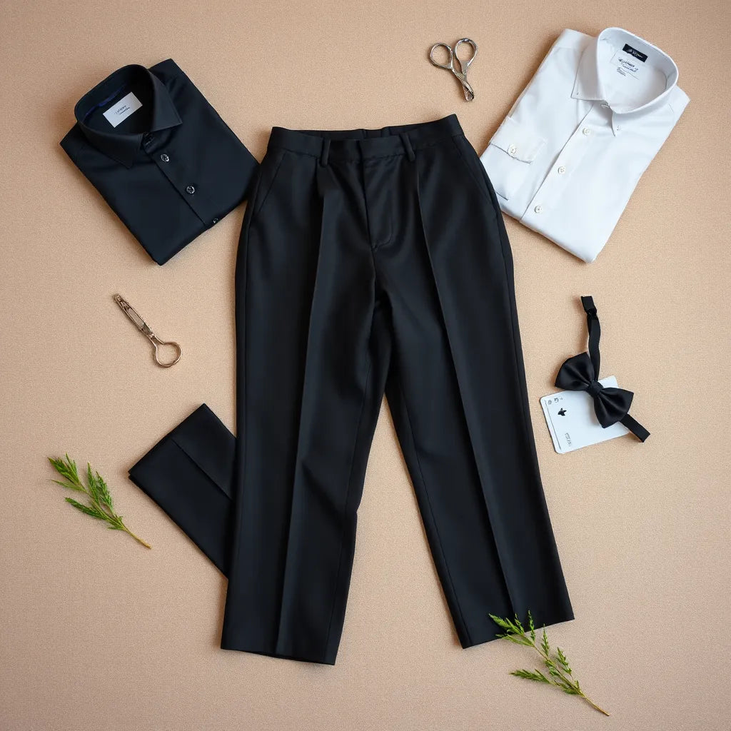Tailored black tuxedo pants with crisp creases, satin details, and matching formal accessories on a neutral table