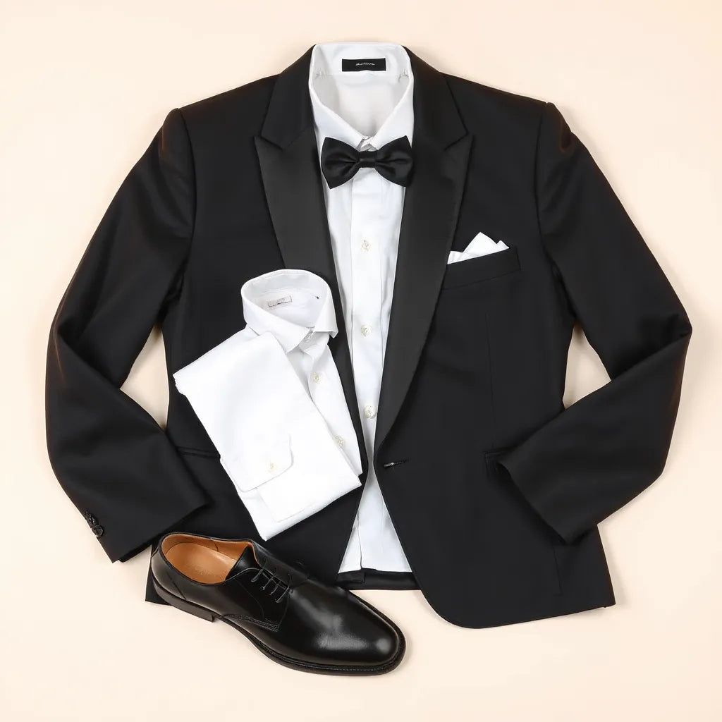 Black tuxedo jacket styled with a white dress shirt and black satin bow tie