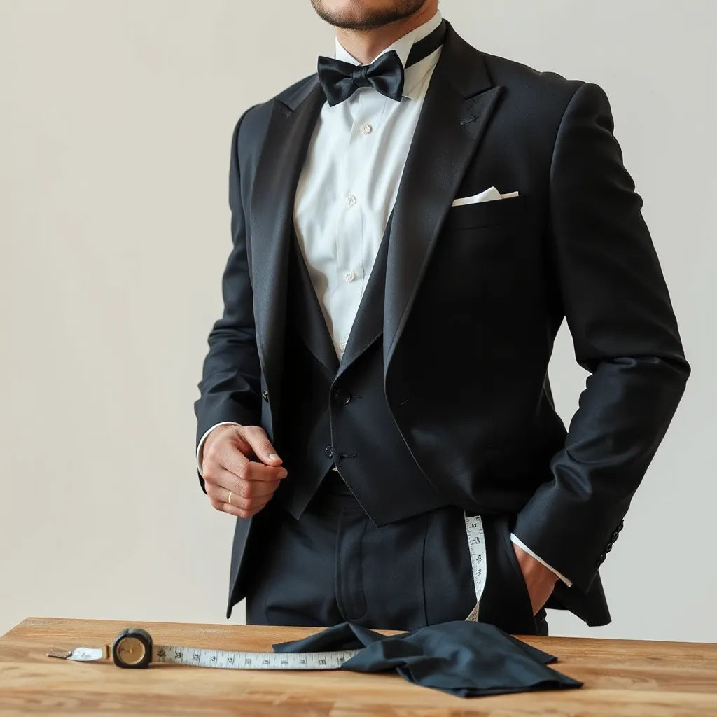 Tailor measuring a custom-fitted tuxedo with fabric swatches on a worktable in a clean studio