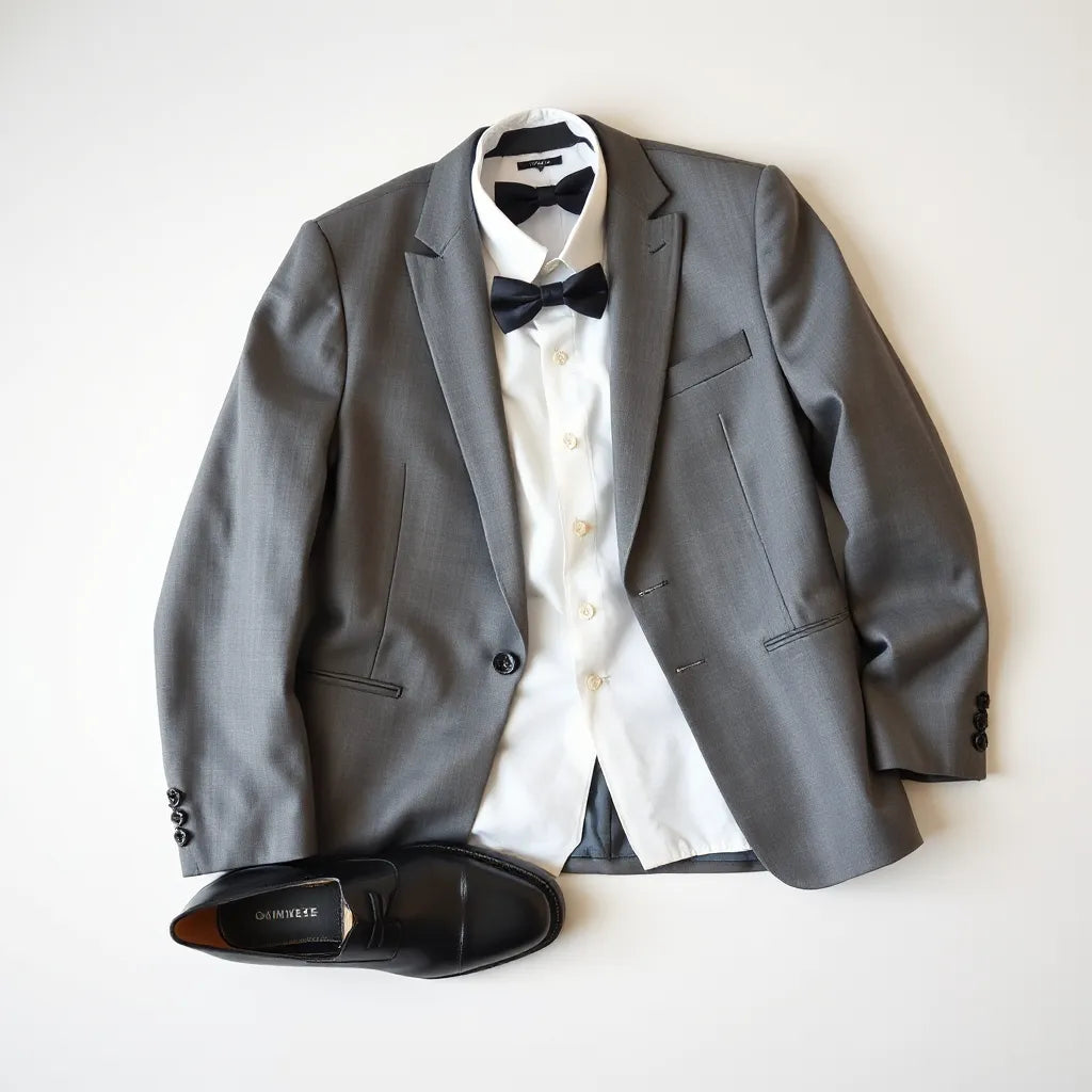 Steel grey tuxedo jacket with satin lapels, paired with a white shirt, black bow tie, and dress shoes