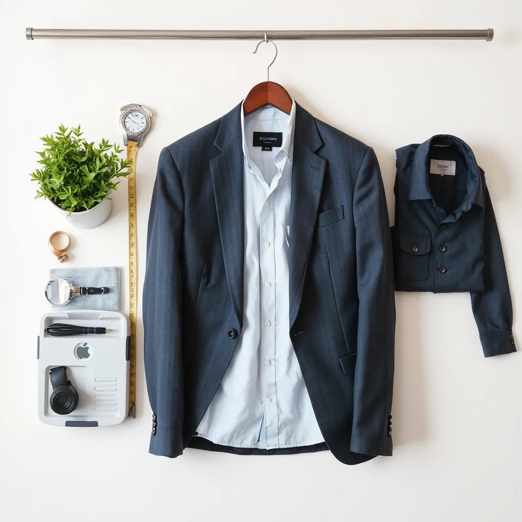 A well-fitted tailored suit on a hanger with a measuring tape beside it on a neutral background