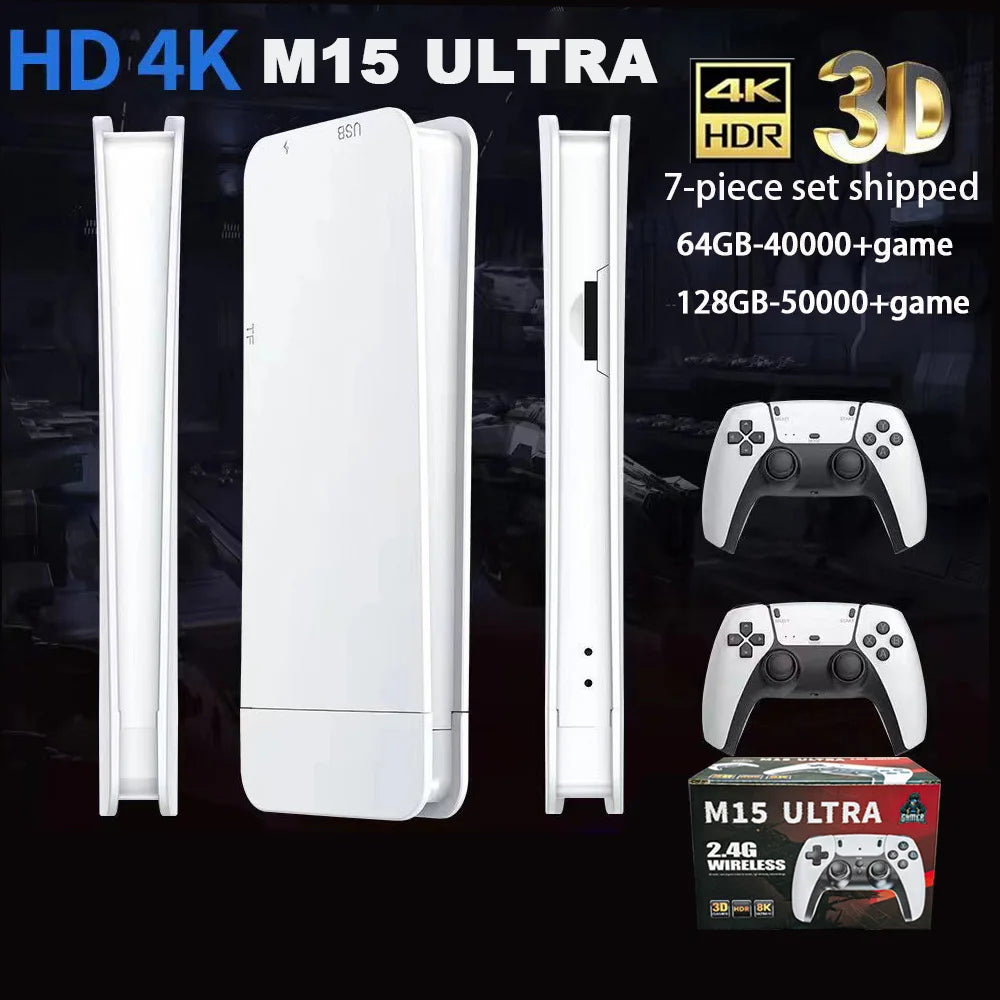 40000+/50000 games, M15 Ultra video game console, 128GB storage, wireless controller, HD output, PS1 emulator, two-player portab