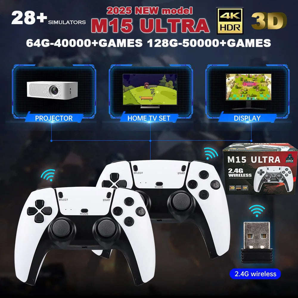 40000+/50000 games, M15 Ultra video game console, 128GB storage, wireless controller, HD output, PS1 emulator, two-player portab