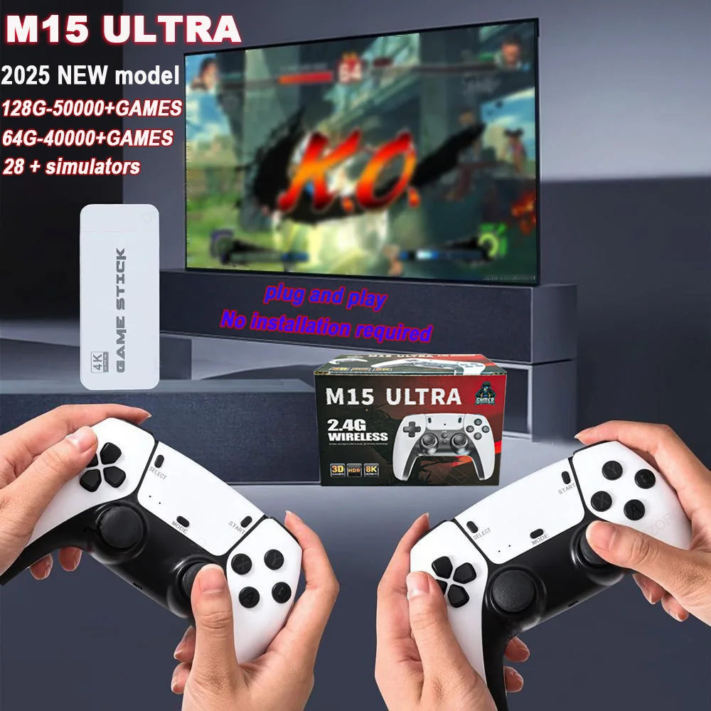 40000+/50000 games, M15 Ultra video game console, 128GB storage, wireless controller, HD output, PS1 emulator, two-player portab